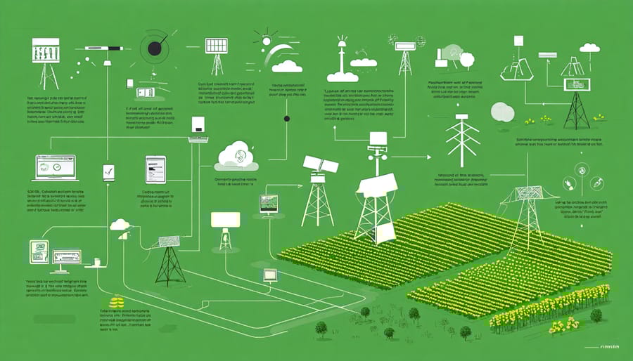Visual diagram of agricultural data collection points and sensor networks on a farm