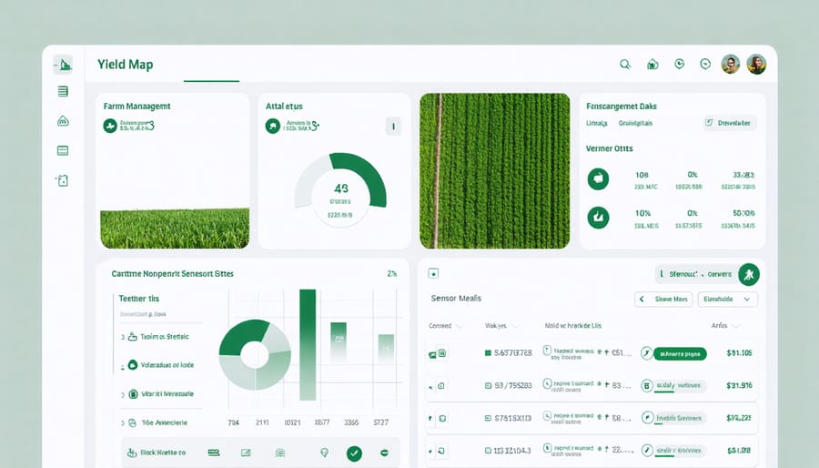 Modern farm management software interface displaying crop analytics and field sensor data