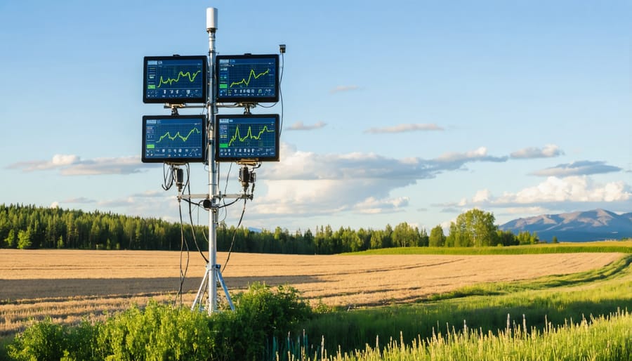 Modern agricultural weather station with sensors monitoring temperature, humidity, and wind conditions in a wheat field