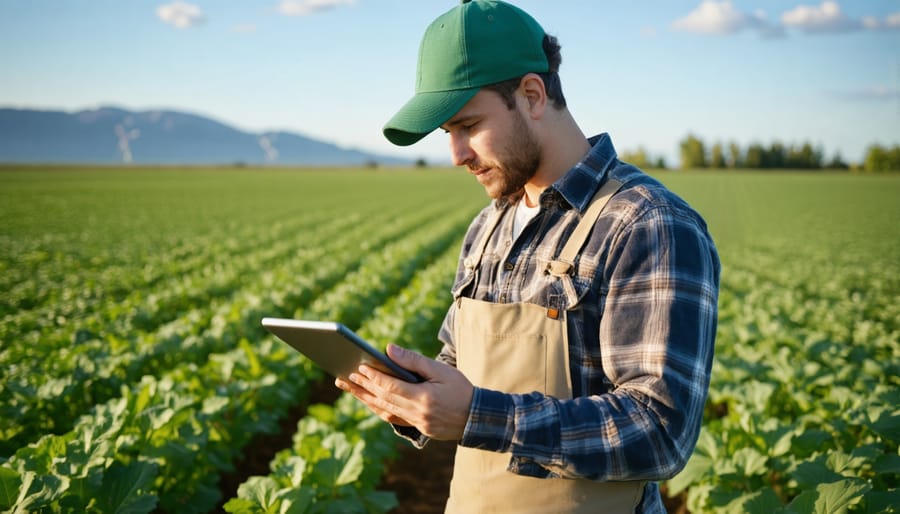 Farmer analyzing precision farming data on a tablet with agricultural equipment in background