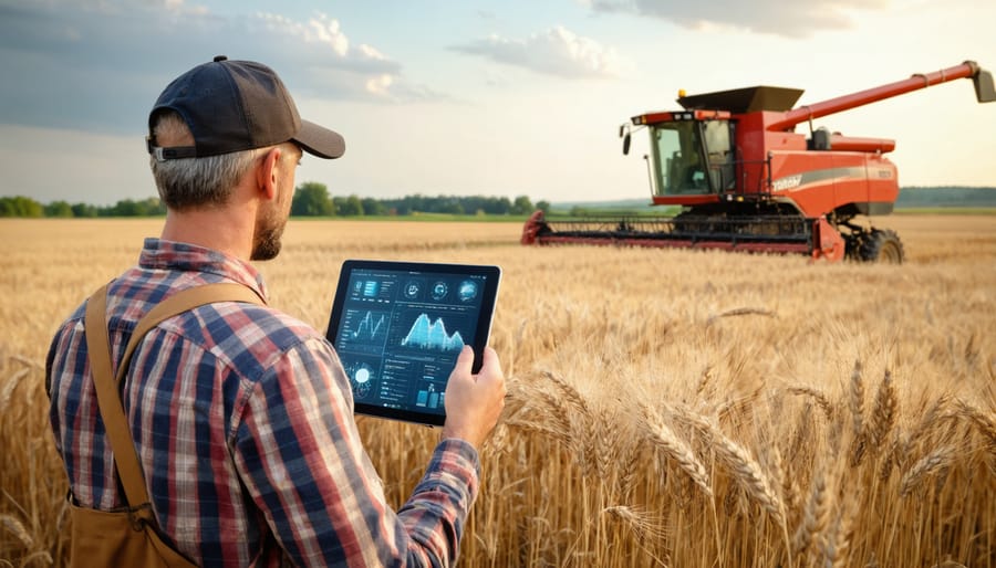 Farmer analyzing agricultural data on a tablet computer in a wheat field