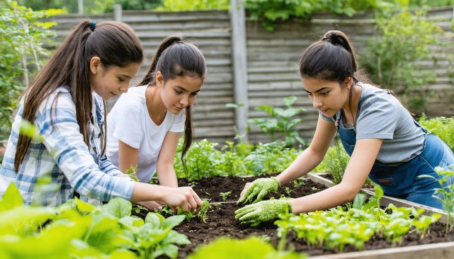 Diverse group of students learning about plant identification and ecosystem principles in an outdoor garden setting