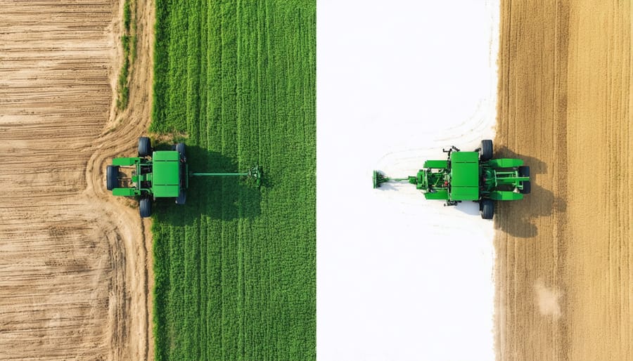 Side-by-side comparison of traditional versus GPS-guided tractor paths demonstrating reduced overlap