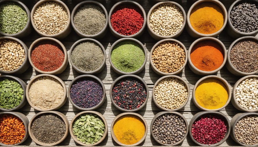 Assorted Canadian heritage seeds displayed in wooden and glass containers showing various colors and sizes