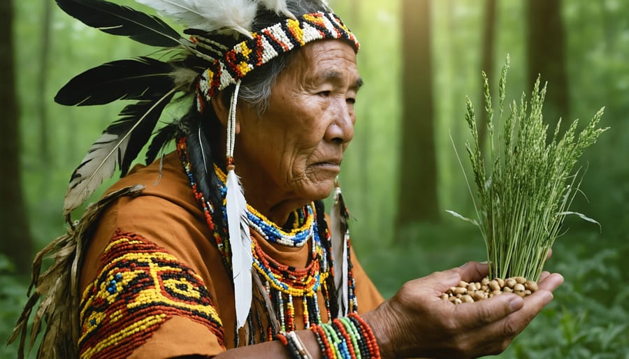 Indigenous elder demonstrating traditional seed preservation methods to community members in a garden setting