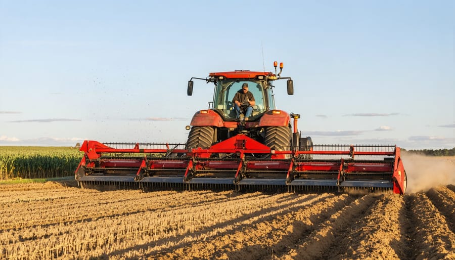 Farmer operating modern no-till seeding equipment in a field during spring planting