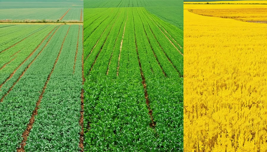 Side-by-side comparison of organic wheat field versus conventional wheat field showing visible yield differences
