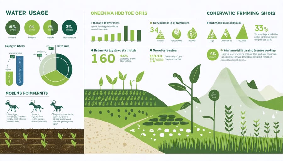 Visual representation of water consumption data and conservation techniques in organic agriculture