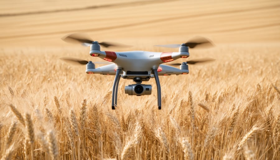 Agricultural drone capturing field data with GPS coordinates and mapping visualization