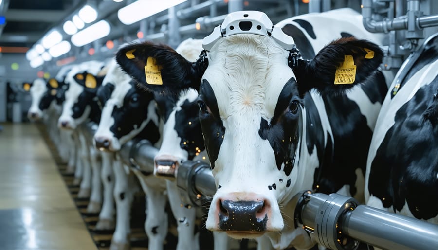 Automated robotic milking arm attaching to dairy cow in modern milking stall