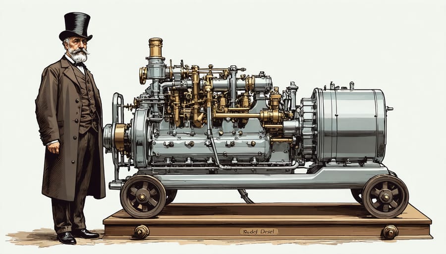 Black and white photograph of Rudolf Diesel standing next to his first engine design in late 1800s