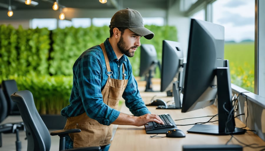 Farm employee using password-protected computer system for organic certification records