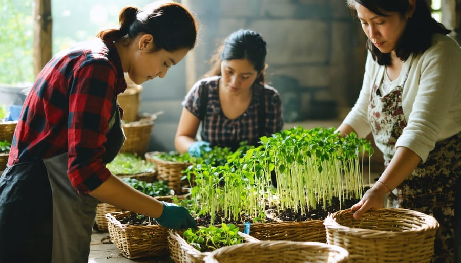 Group of diverse participants examining and cleaning seeds during a hands-on educational workshop