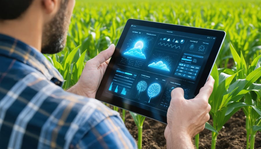 Agricultural professional analyzing climate and pest data on a tablet in the field