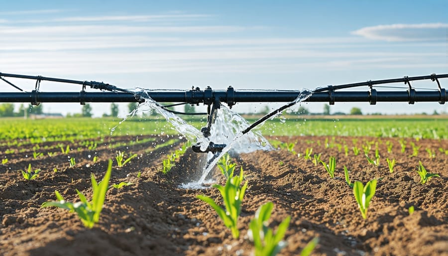 Drip irrigation system delivering water directly to crop roots in a wheat field