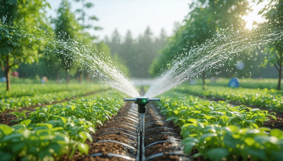 Smart irrigation system showing sprinklers, sensors, and digital control panel in a crop field