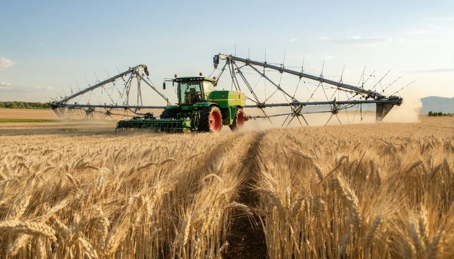 Smart pivot irrigation system spraying water over a golden wheat field during sunset