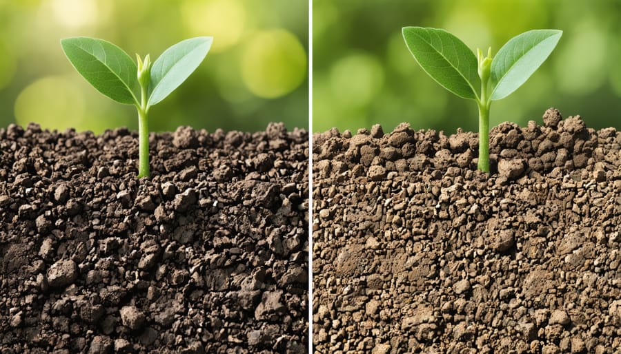 Side-by-side comparison showing dark, rich soil with good structure next to dry, compacted soil