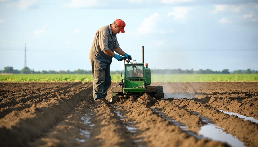 Agricultural professional using soil moisture meter in a field
