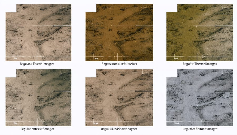 Split-screen thermal imagery from agricultural drone showing soil moisture variations