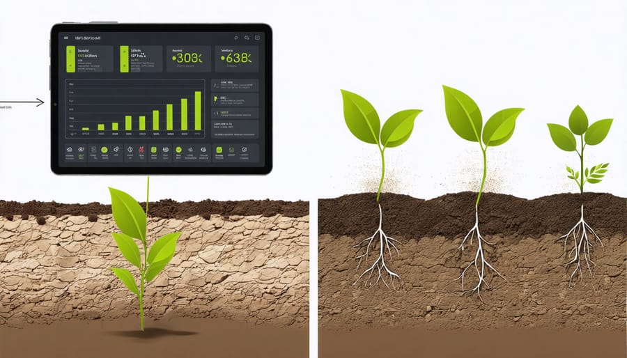 Farmer analyzing real-time soil health data on a tablet with soil sensors in the field