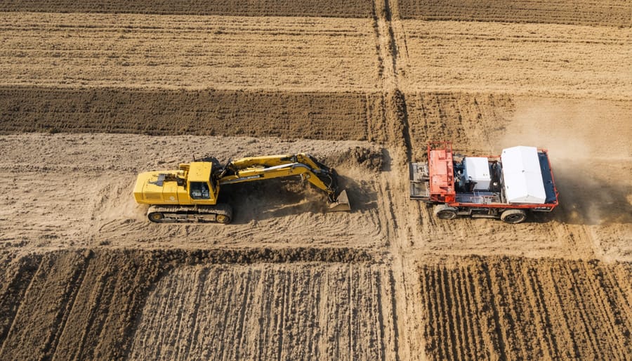 Aerial view of geological survey equipment and team conducting soil tests on agricultural land