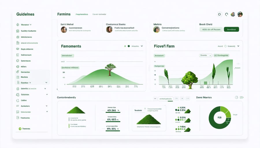 Computer screen displaying agricultural supply chain management dashboard with sustainability indicators