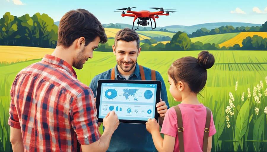 Alberta farmers analyzing drone surveillance data on a tablet in an organic field