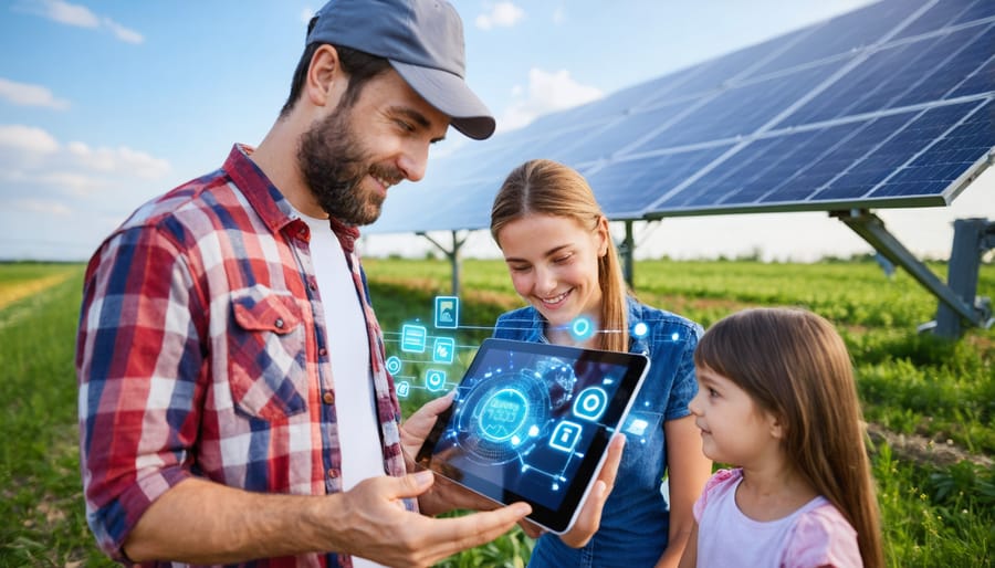 Farmers examining renewable energy performance data on a mobile device with solar panels in background