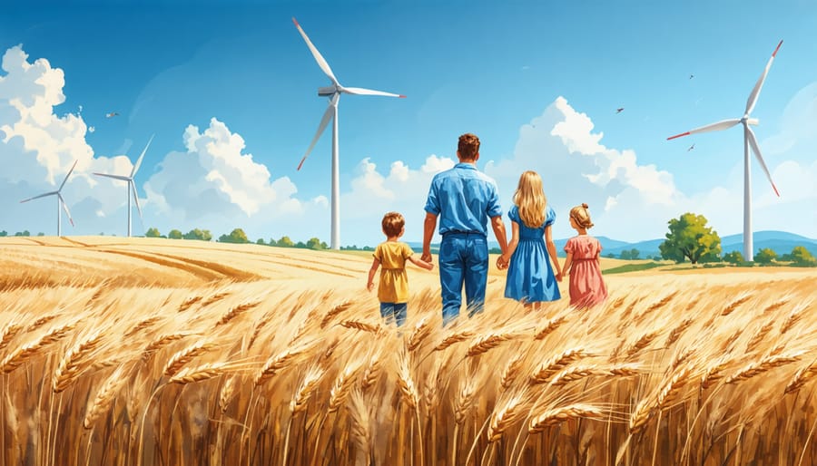 Alberta farming family posing in front of their operational wind turbines amid wheat crops