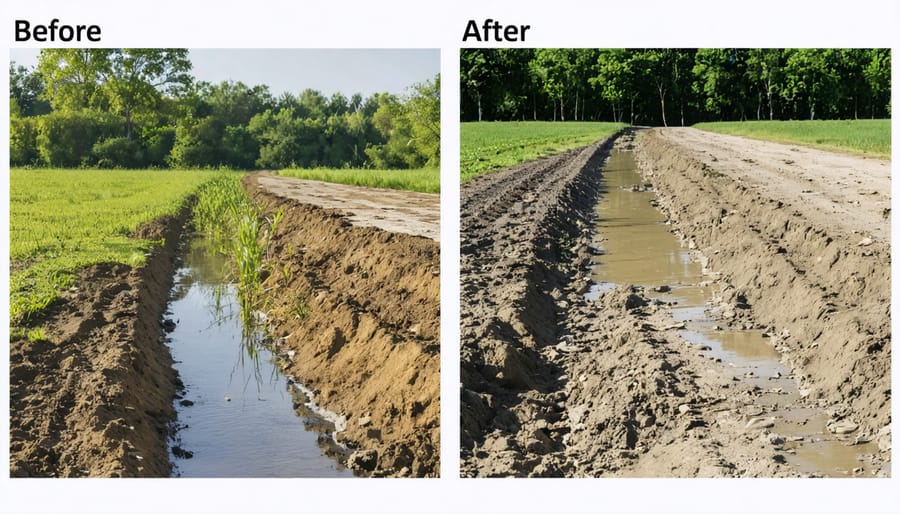 Side-by-side comparison of Thompson Farm before and after sustainable drainage implementation