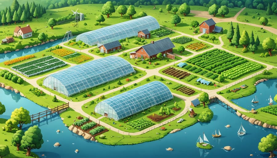 Overhead drone photo of a modernized farm featuring climate-adaptive structures and water conservation systems