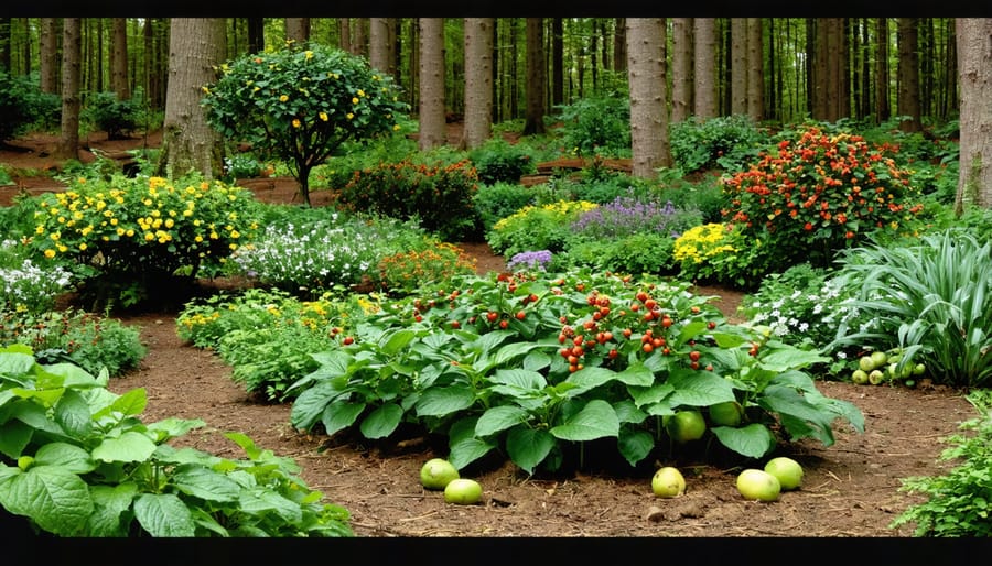 Layered Indigenous forest garden with diverse plant species growing together