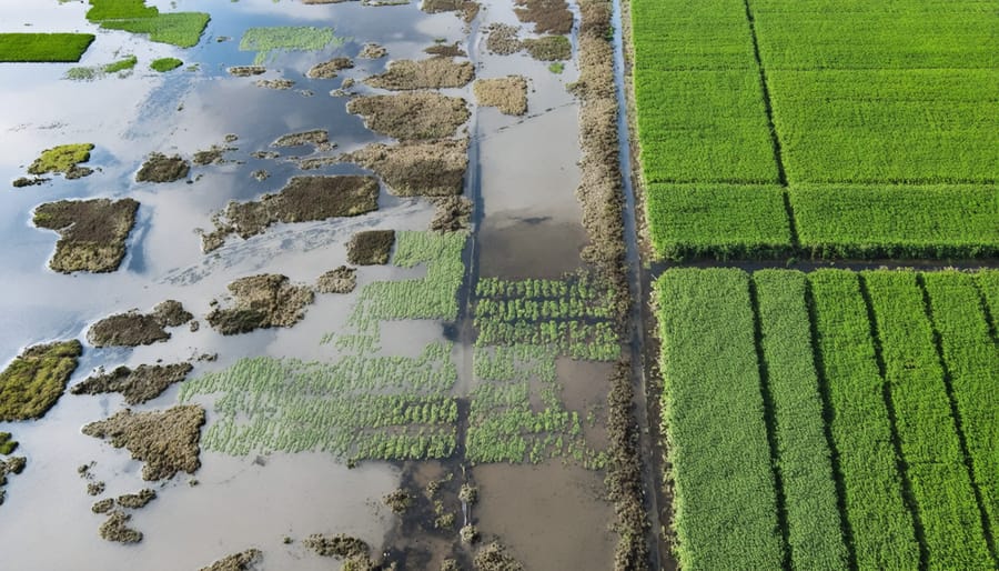 Aerial view of agricultural field showing poor drainage patterns and standing water