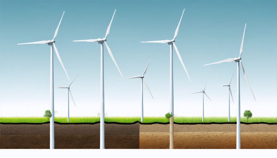 Technical illustration showing various wind turbine foundation designs suitable for Alberta farmland