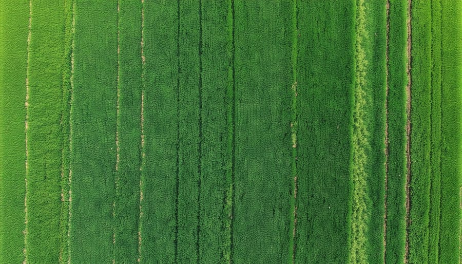 Bird's eye view of agricultural fields with visible prairie winds grass barriers protecting against wind erosion