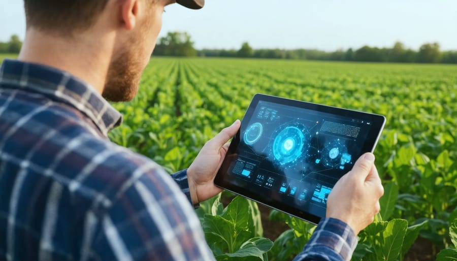 Farmer using AI agricultural software on tablet in crop field