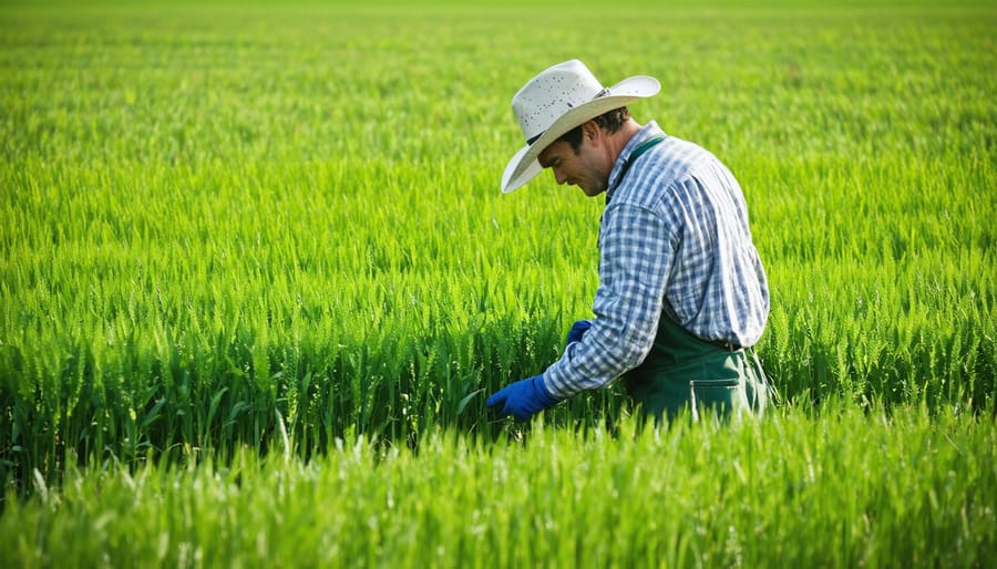 Farmer in field inspecting diverse cover crop growth with measuring tools