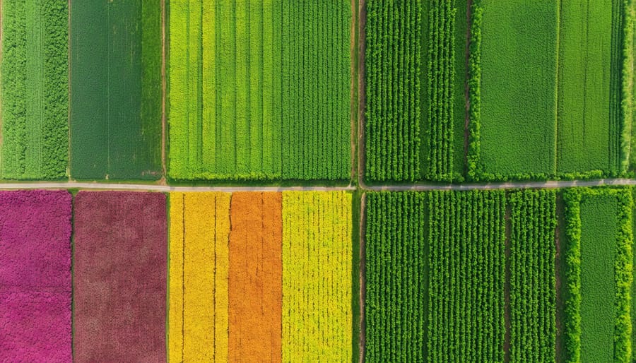 Birds-eye view of multi-colored agricultural fields demonstrating crop diversity in Alberta