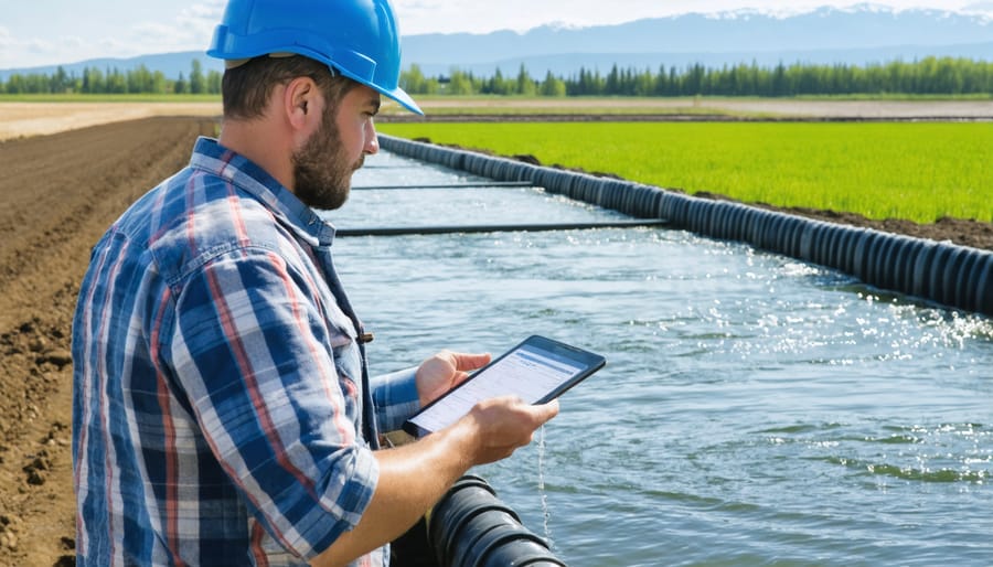 Farmer monitoring gauges and equipment in a functional water treatment facility