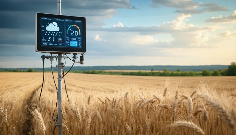 Agricultural weather station with solar panels and monitoring equipment in a wheat field