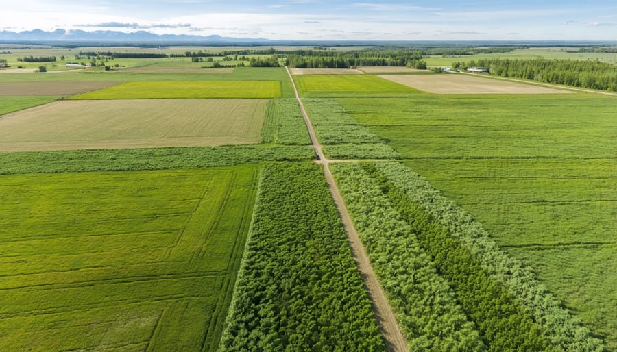 Bird's eye view of agricultural fields with visible wildlife corridors and diverse field margins