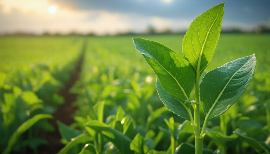 Alberta farmer inspecting organic crop seedlings in field during golden hour