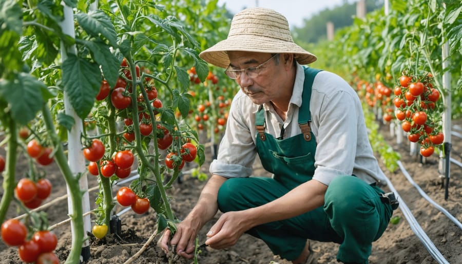 Farmer examining healthy tomato plants with visible irrigation system