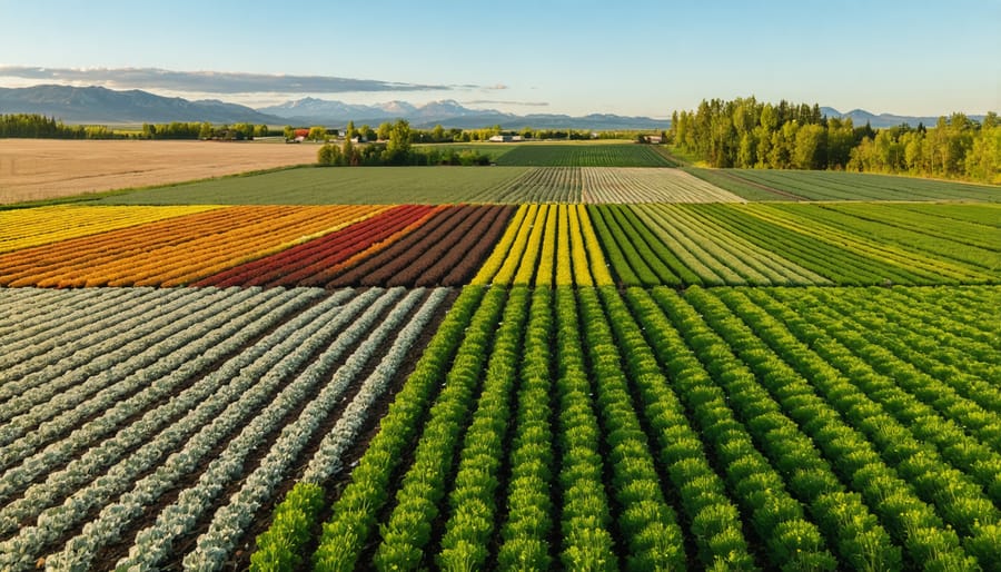 Aerial view of diverse organic farm fields with mountains in background
