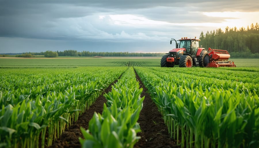 Alberta wheat field with cover crops under dramatic clearing storm clouds