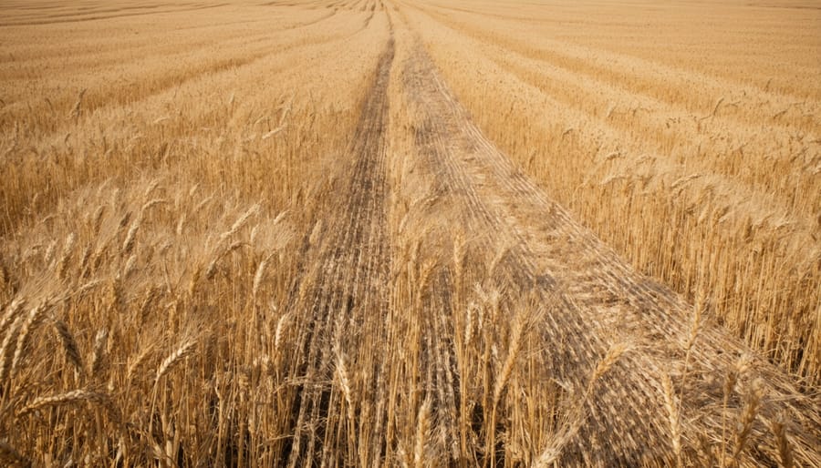 Golden wheat stubble field at sunset with farm buildings in distance