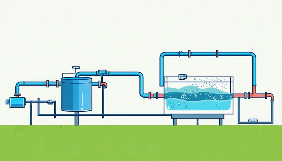 Schematic illustration showing components and flow of a microbial water treatment system