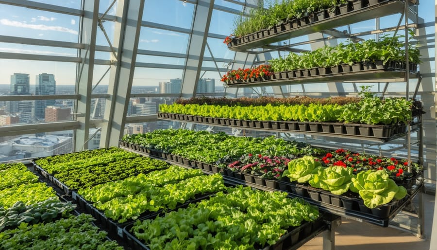 Aerial view of rooftop garden with raised beds and gardeners working among vegetables