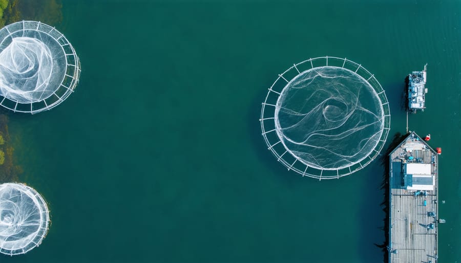 Modern sustainable salmon aquaculture facility with circular nets in Canadian waters